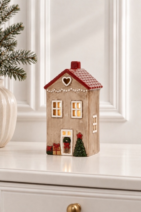 Large salmon-colored ceramic tea-light house with red roof (741101)