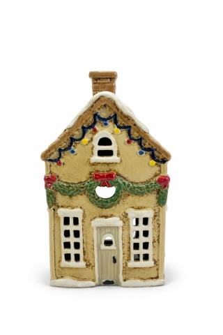 Domek ceramiczny na t-light beżowy z lampeczkami (2525)
