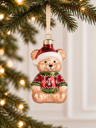 Glass ornament: Sitting teddy bear in a Christmas sweater (123853)