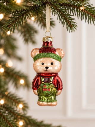 Glass ornament: Standing teddy bear in green shorts (123853)