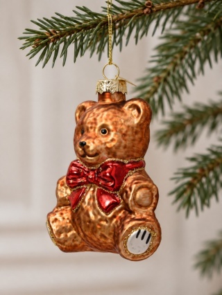 Glass ornament: Brown teddy bear with a bow (124131)