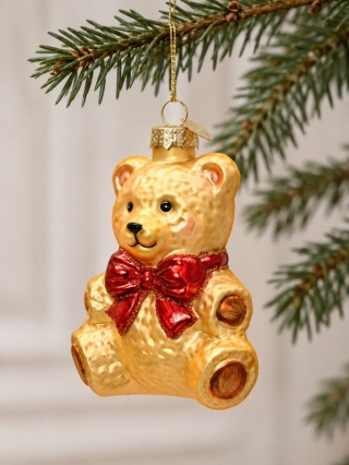 Glass ornament: Yellow teddy bear with a bow (124131)