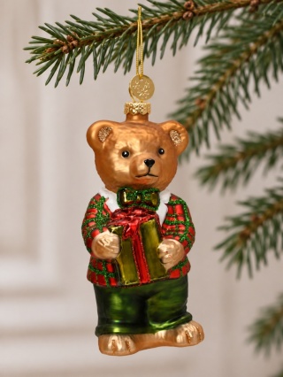 Glass ornament: Teddy bear with a gift (124154)