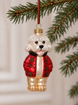 Glass bauble: Doggie red jacket holly (125107)