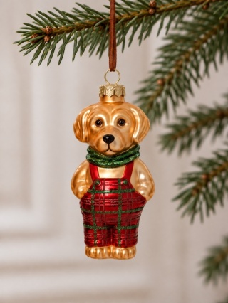 Glass bauble: Dog in red checkered overalls (125107)