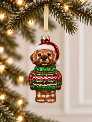 Glass ornament: Dog in a red and green patterned sweater (123931)