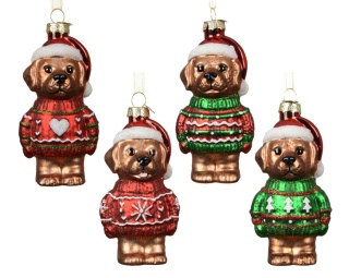 Glass ornament: Dog in a red and green patterned sweater (123931)