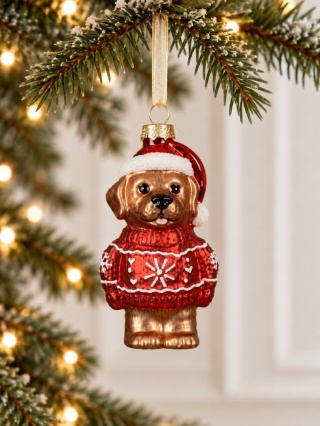 Glass ornament: Dog in a red sweater with snowflakes (123931)