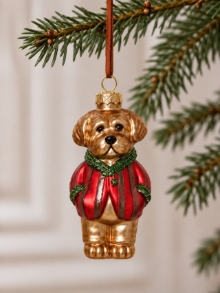 Glass bauble: Dog, striped jacket, green collar (125107)