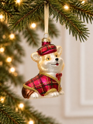 Glass ornament: Dog in an outfit, matte burgundy (123881)