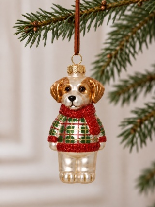 Glass bauble: Dog in a sweater, red scarf (125107)