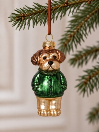 Glass bauble: Dog with a green jacket (125107)