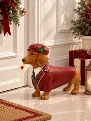 Ceramic dachshund with a letter, wearing a red outfit (703760)