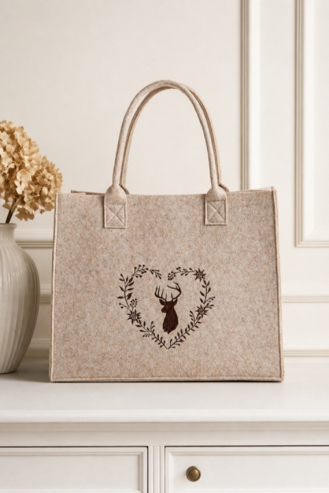Natural beige felt bag with heart and reindeer (185632)