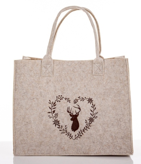 Natural beige felt bag with heart and reindeer (185632)