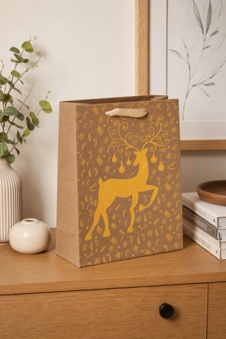 Torebka na prezenty mała złoty renifer (158886) h:23x18x10cm