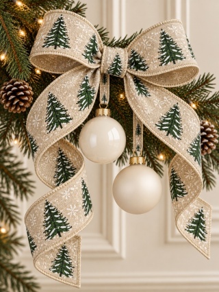 Beige fabric ribbon with green Christmas trees (201899)