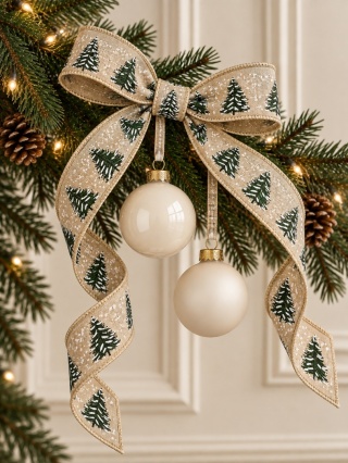 Beige fabric ribbon with green Christmas trees (201899)