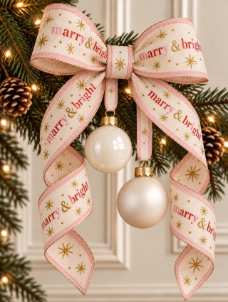 Beige fabric ribbon "Merry & Bright" (201901)