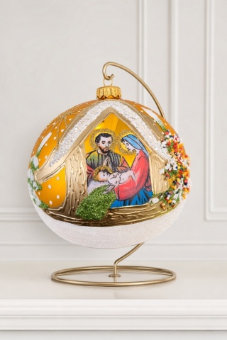 150mm matte gold glass bauble with the Holy Family (single piece)