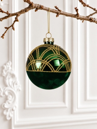 8cm glass bauble: glossy green, velvet, and glitter pattern (071829)