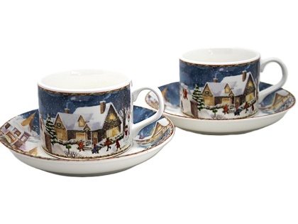 Kpl. 2-ch filiżanek z talerzykami ceramicznymi"świąteczna wioska" (PG-19857) w ozdobnym pudełku