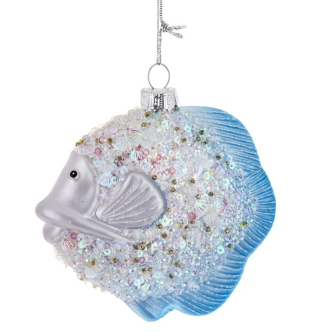 Glass bauble: Flat fish, white and blue (174392)