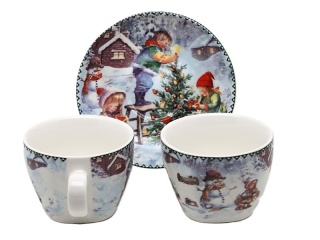 Kpl. 2-ch filiżanek z talerzykami ceramicznymi "świąteczny czas" (PG-19437) w ozdobnym pudełku