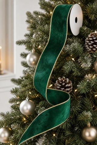 Bottle green velvet ribbon on a spool with a gold edge (RF0538)