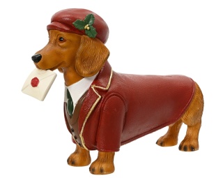 Ceramic dachshund with a letter, wearing a red outfit (703760)