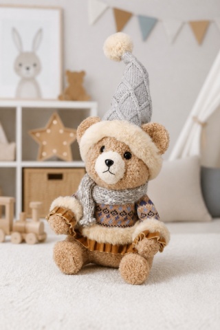 Sitting teddy bear in a grey hat (547704)