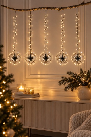 480-LED Cascade Light - 5 strands with "hedgehog" clusters, warm white with cool white flash, timer (491029)
