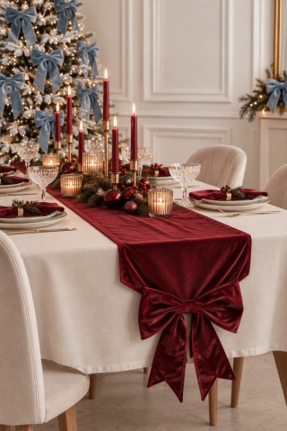 Burgundy velvet table runner 150x32 cm with a bow (614599)