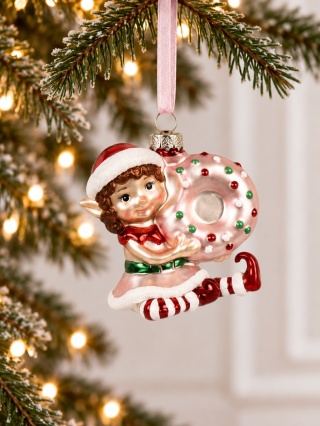 Glass ornament: Girl elf with a donut (123952)