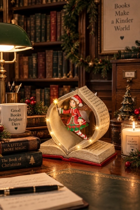 Polyresin LED book-shaped decoration featuring an elf girl, battery-operated (2xAAA, 480879)
