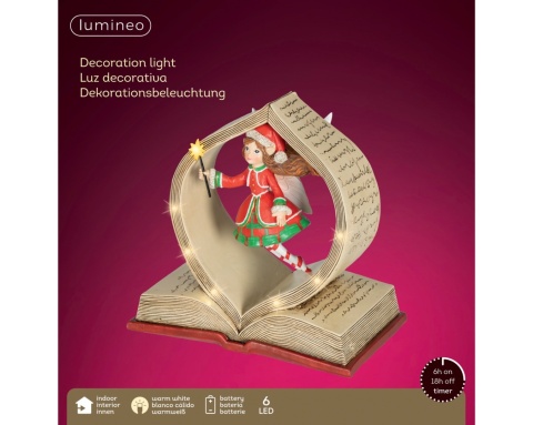 Polyresin LED book-shaped decoration featuring an elf girl, battery-operated (2xAAA, 480879)