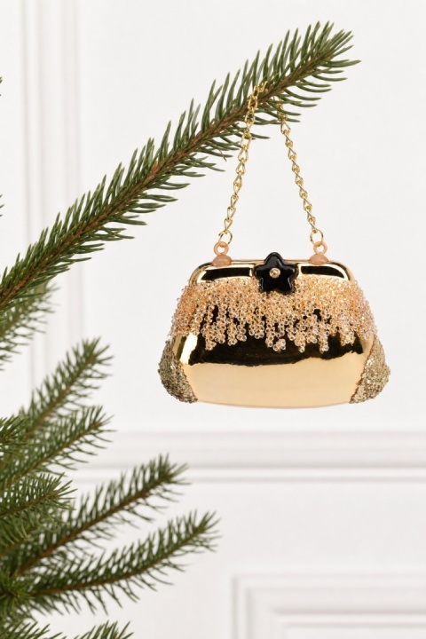 Glass handbag pendant, gold shimmer, trapezoid shape, stone accents (A)(523420)