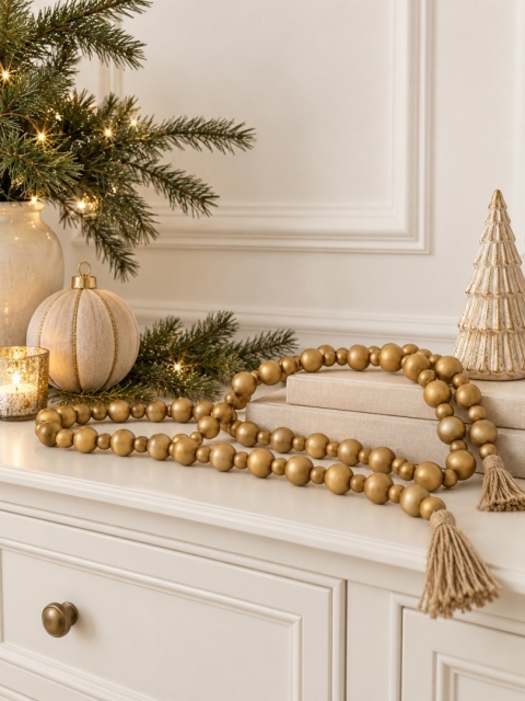 Christmas decorative wooden bead garland, matte gold (KP0274)