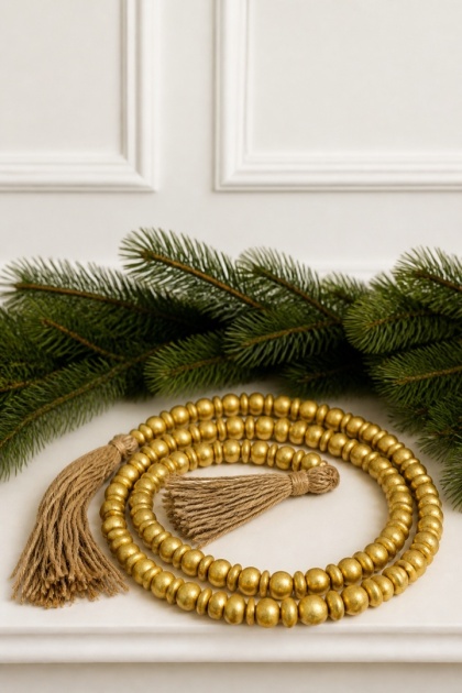 Christmas decorative wooden bead garland, matte gold, 180 cm long (IB0057)