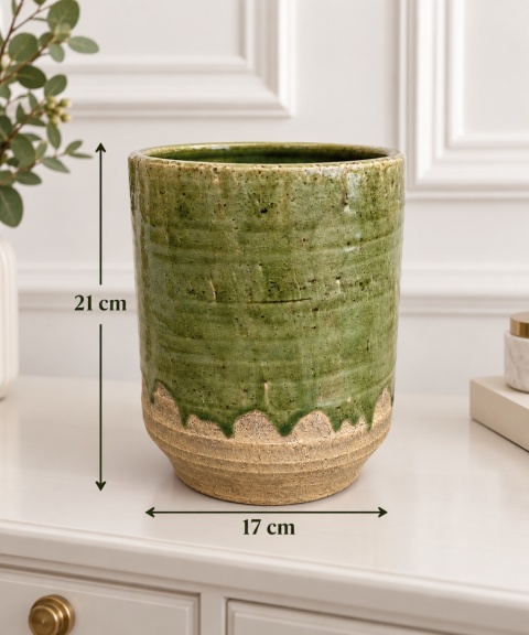 Wazon ceramiczny beżowo zielony okrągły szkliwiony niski (26545)