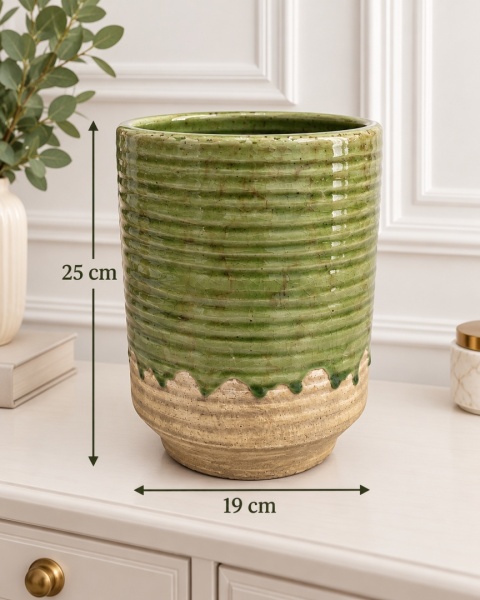 Wazon ceramiczny beżowo zielony okrągły szkliwiony wysoki (26546)