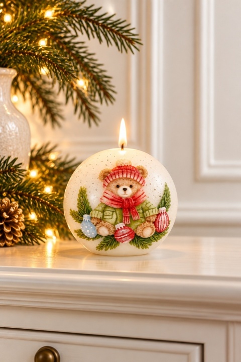 100mm spherical candle - Winter Teddy - white/red lacquer finish