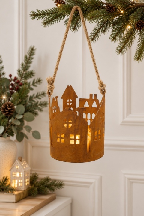 Lampion metal rdza w gwiazdki do powieszenia (99352)