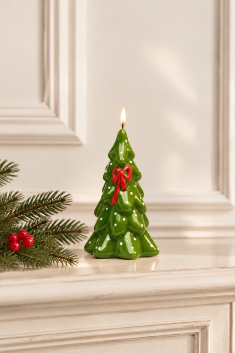 Świeca CHOINKA mała 150/80 CHRISTMAS GIFT mat oliwka/czerwony
