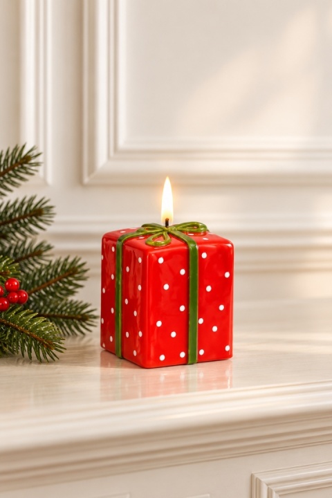 Świeca100/70/70 Christmas Gift Prezent w kropki mat czerwony/zielony