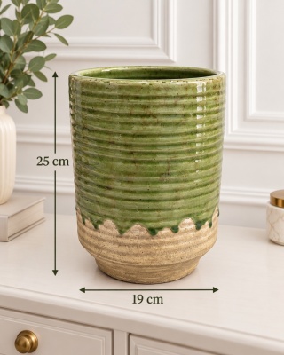 Wazon ceramiczny beżowo zielony okrągły szkliwiony wysoki (26546)