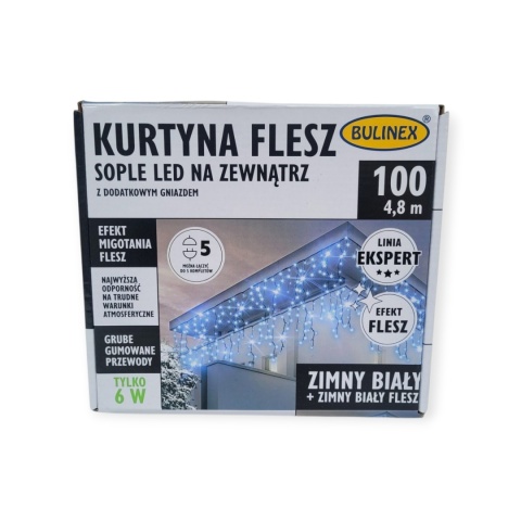 Kurtynka sople LED zewnętrzna gruby kabel 100L+ gniazdo białe zimne +flash biały zimny (25-332) 4,8m/6W