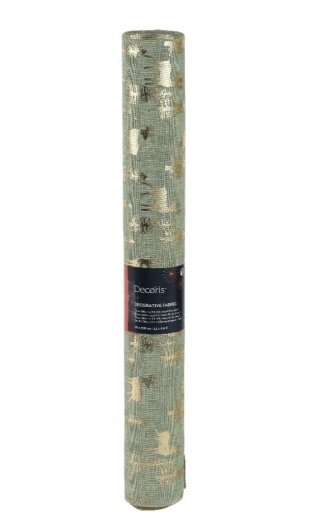 Materiał dekoracyjny len khaki złote renifery i choinki (463453) 35x200cm