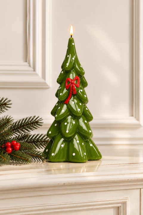 Świeca choinka duża 210/110 CHRISTMAS GIFT mat oliwka/czerwony