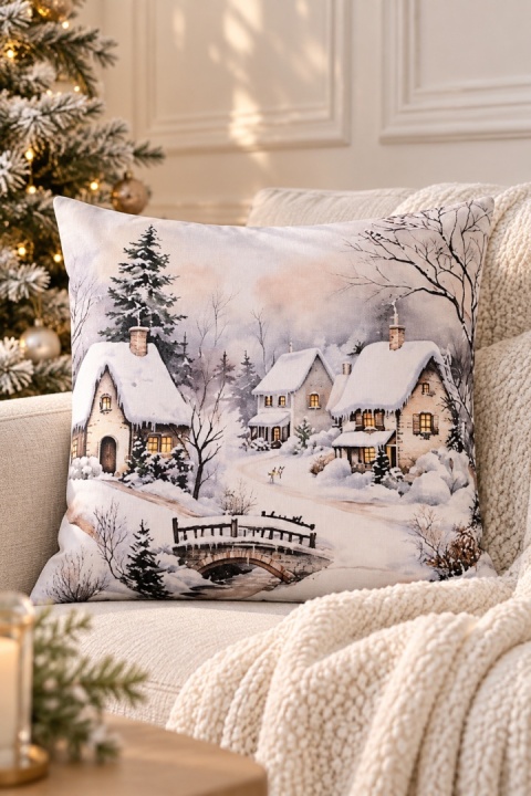 Poszewka świąteczna 45x45cm domki beżowe tło (TG80097)